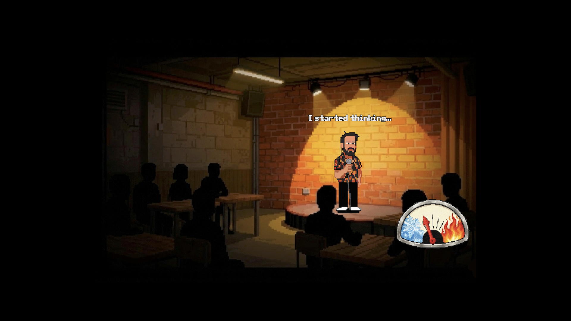 Paco on stage at an open mic